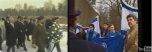 Ari Lipinski welcoming Israel MP Shimon Peres at gate of KZ memorial Bergen Belsen 1986